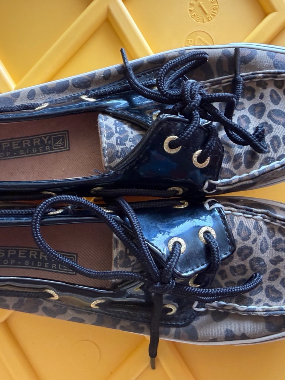 Sperry Leopard Print Boat Shoes with Black Patent Trim